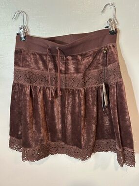 BCBGMaxAzria Brown Velvet Lace-Trim A-Line Skirt